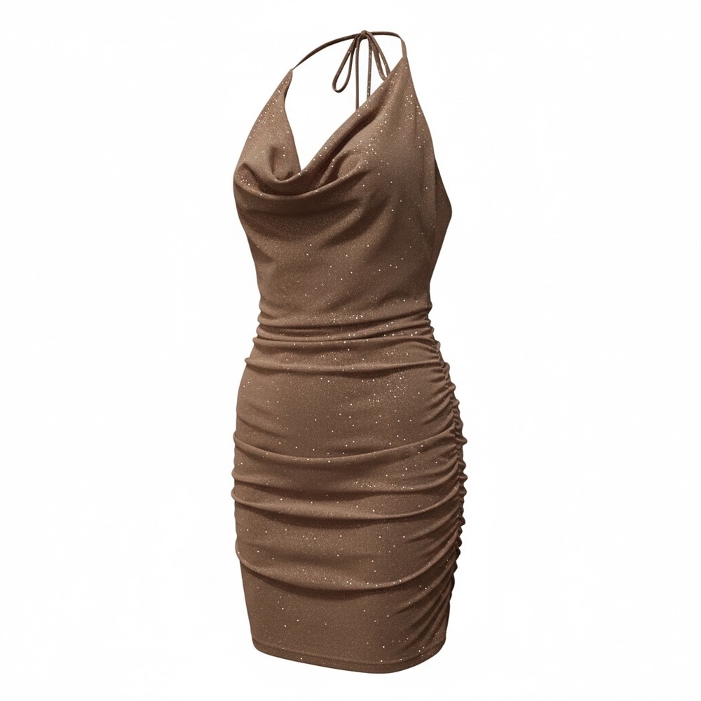 Zenobia Brown Halter Cowl Ruched Mini Dress with Metallic Speckles